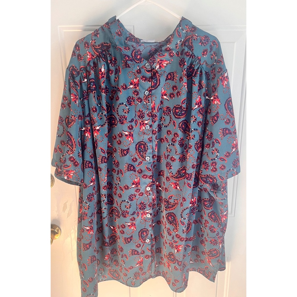 ONLY NECESSITIES‎ Womens Plus Size 5X Teal Paisley Button Up Shirt Top